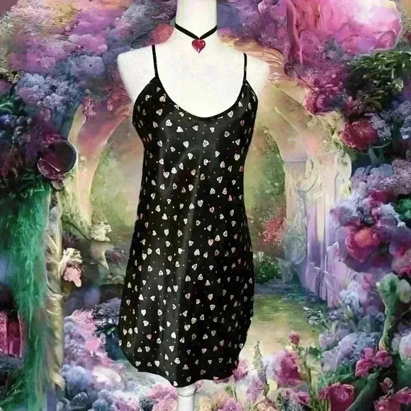 Y2k 90s Heart Print Black Low Back Slip Dress - Picture 1 of 9